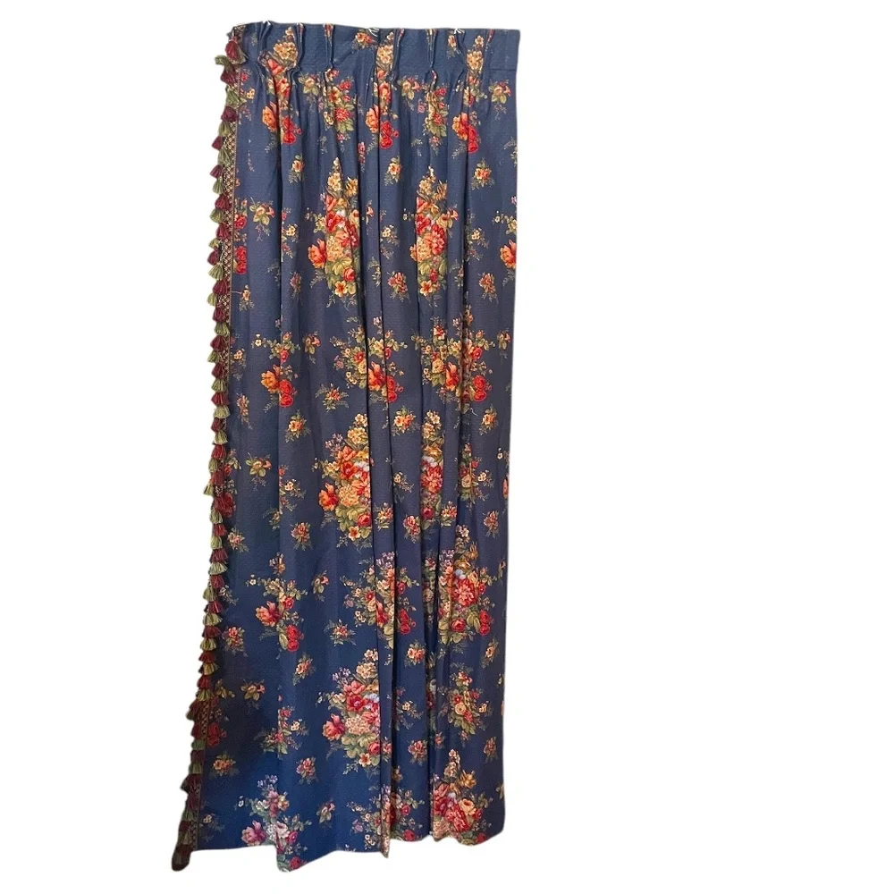 Vintage Custom‎ Designer Pleated Floral Blue 3 panels Curtains Drapery